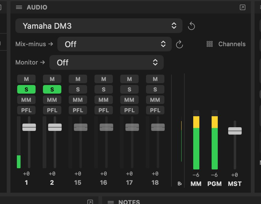 Audio desk with per-channel faders, mute, select, mix-minus and PFL