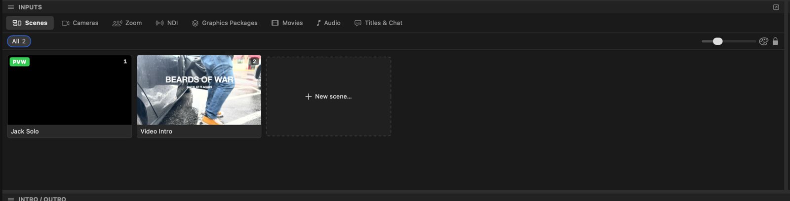 Scene grid with live thumbnails, colour categories and tally badges